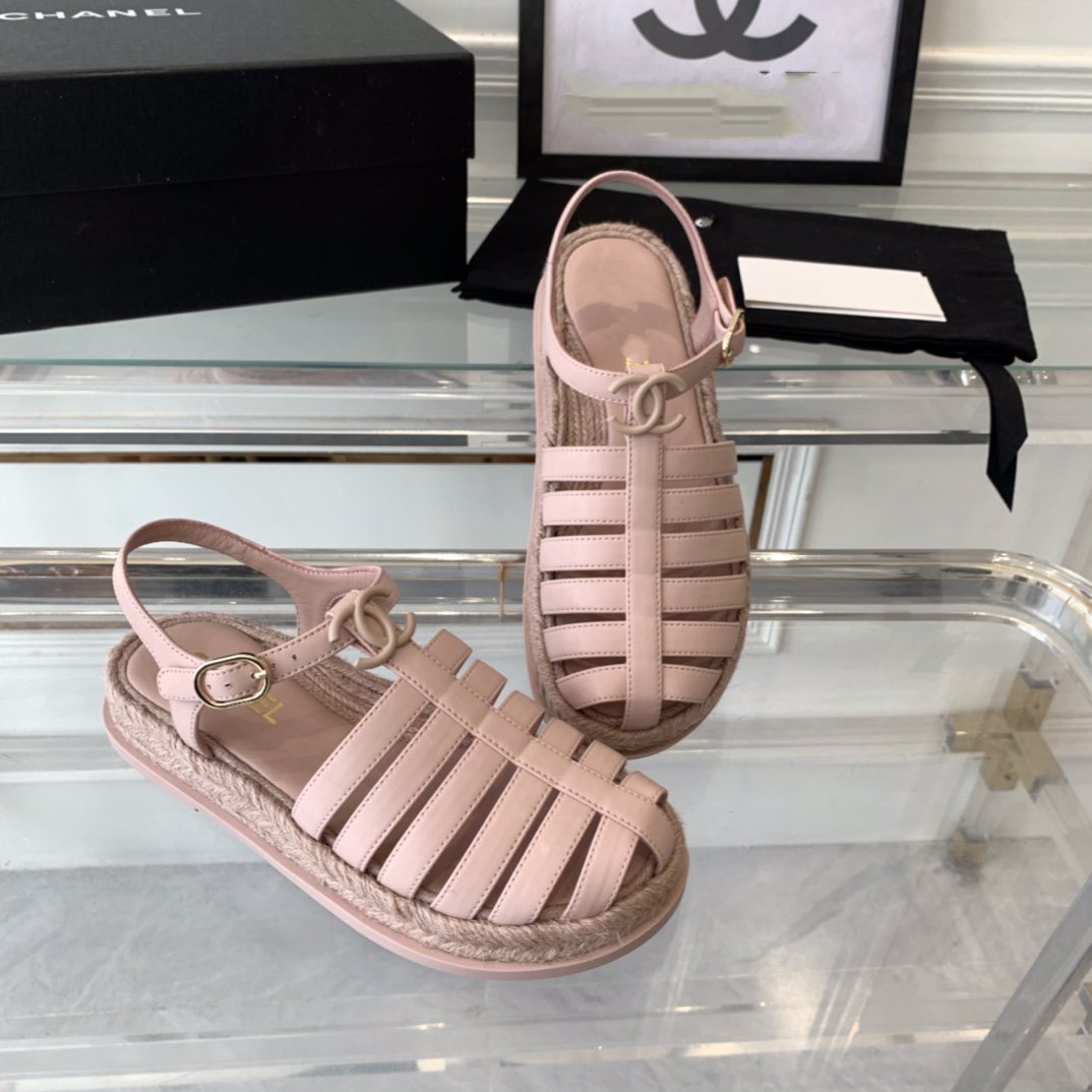 CHANEL roman sandals pink lambskin