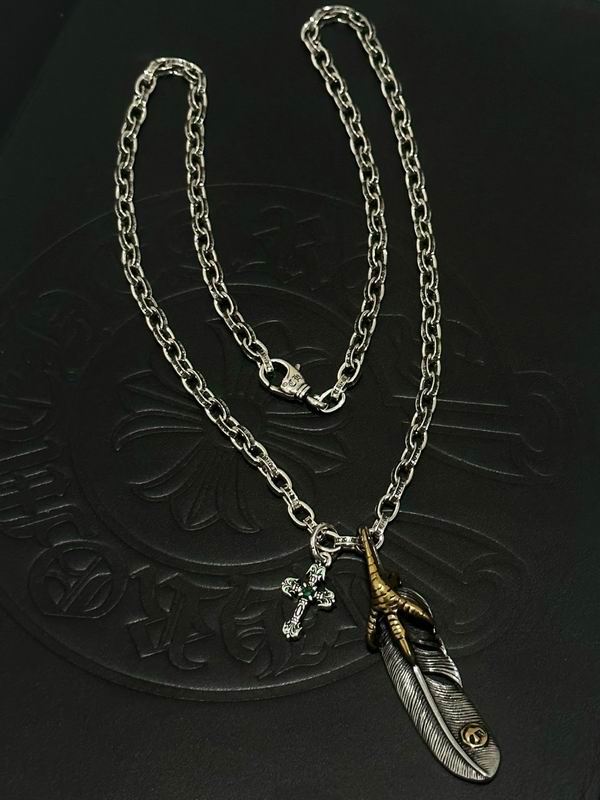 Chrome Heart Silver-Tone Feather & Cross Charm Necklace