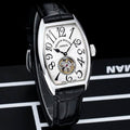 Tonneau Tourbillon Mechanical Watch with Black Leather Strap