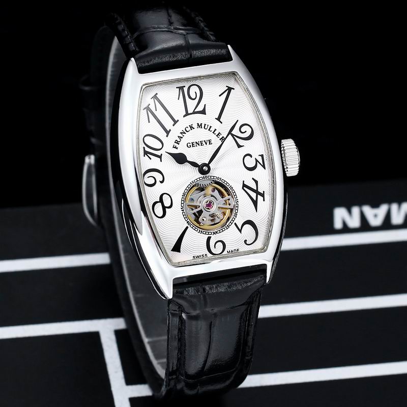 Tonneau Tourbillon Mechanical Watch with Black Leather Strap