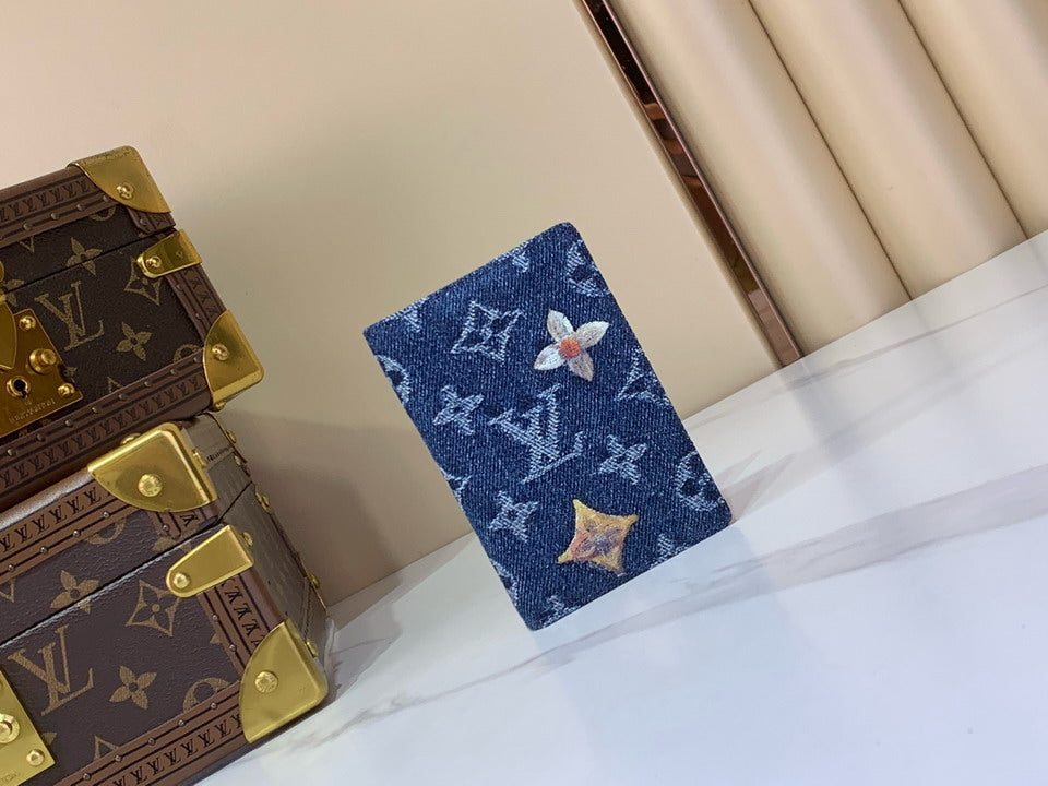 LV Denim Monogram Passport Wallet with Floral Embroidery