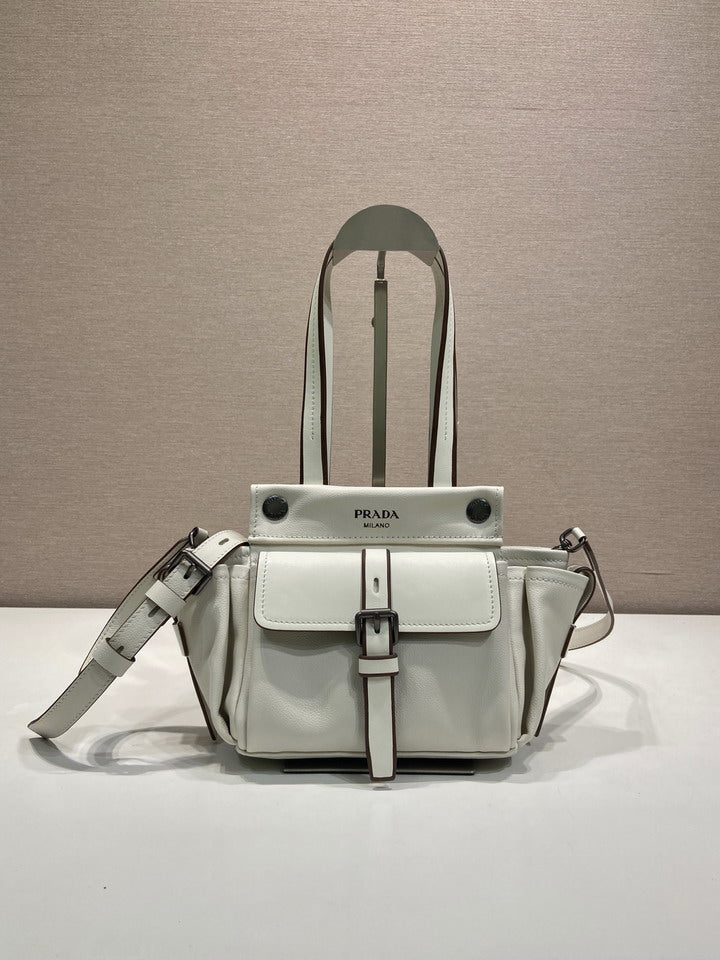White Leather Shoulder Bag with Buckle Detail