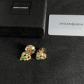 Saint Laurent YSL Gold-Tone Crystal & Green Stone Cluster Stud Earrings