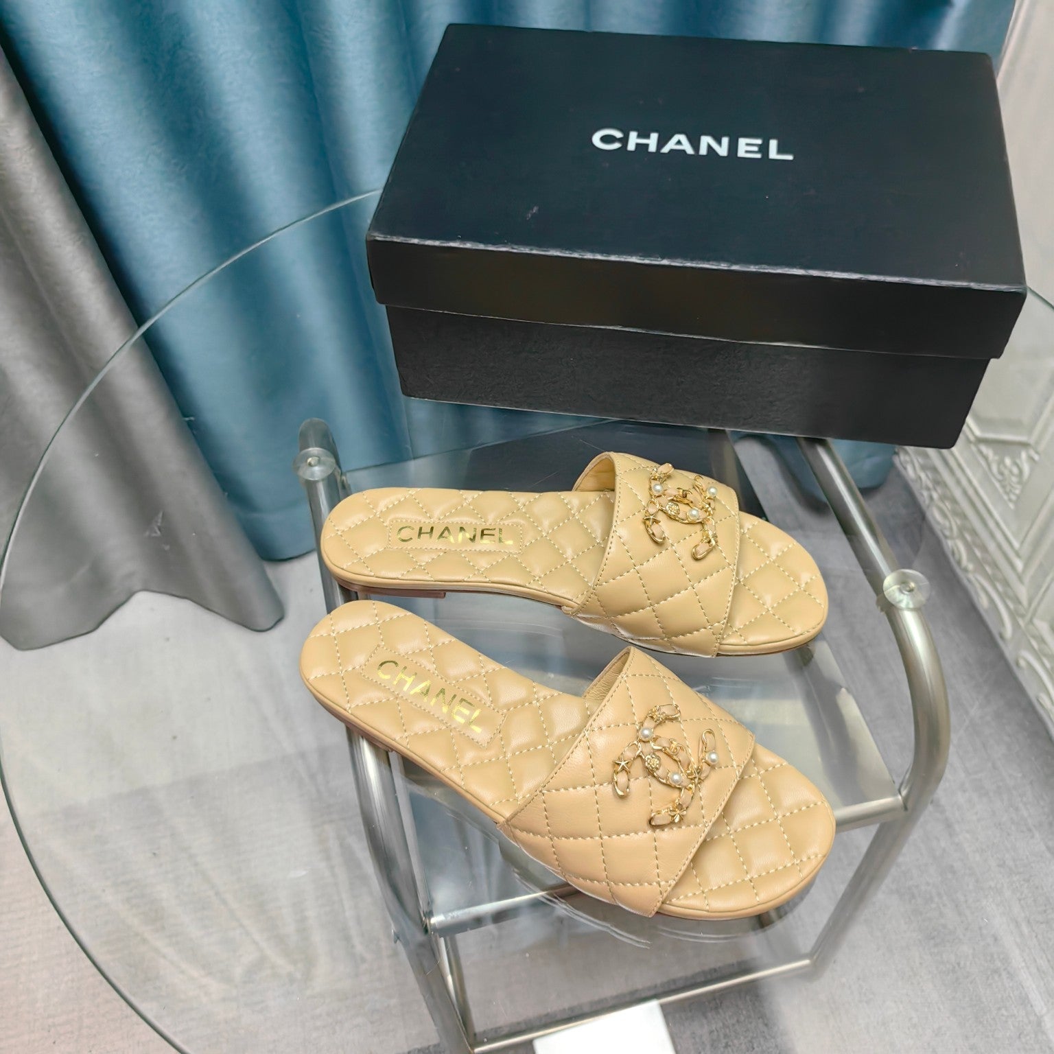 CHANEL QUILTED SLIPPERS BEIGE CREAM SHEEPSKIN