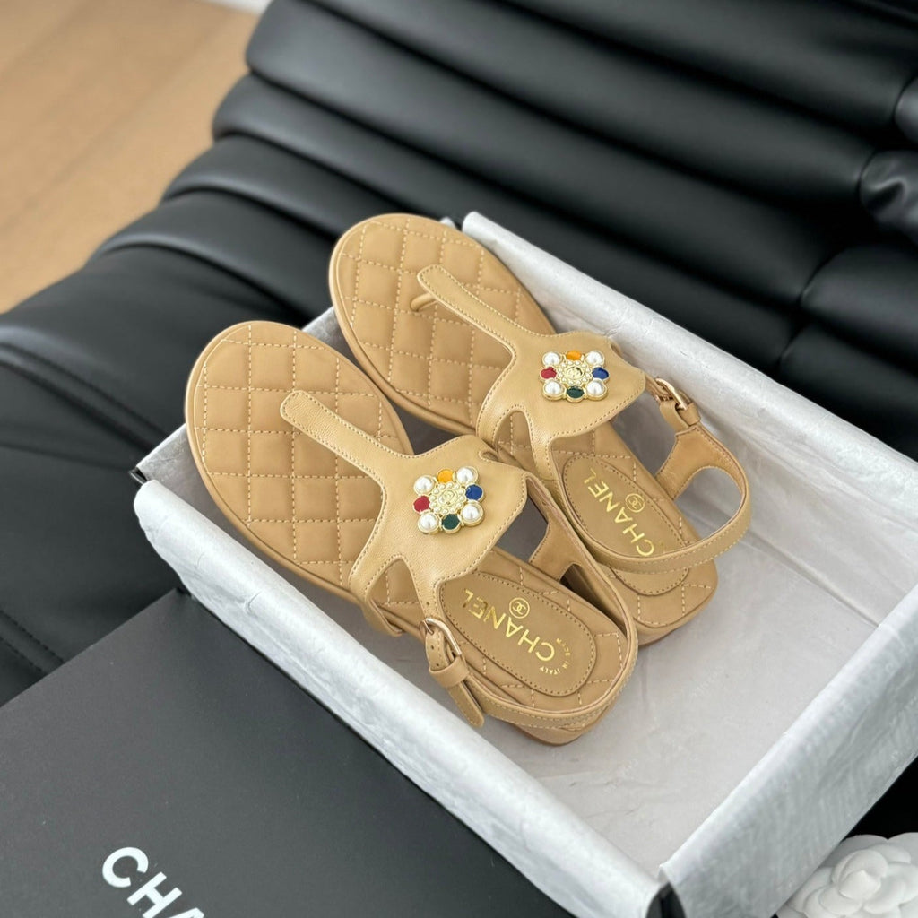 CHANEL Double C Classic One-Strap Sandals Tan Brown Lambskin