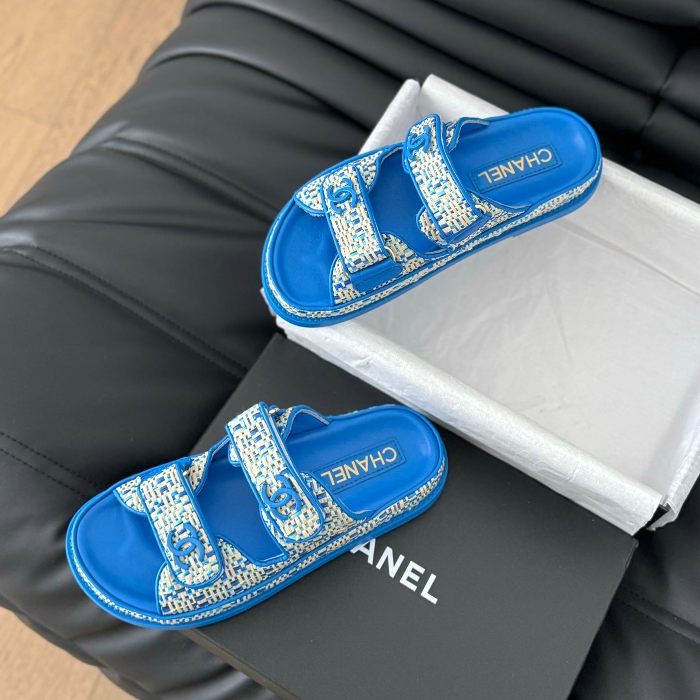 CHANEL Mule Sandanls Sheepskin Cobalt Blue