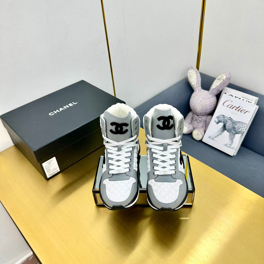 CHANEL ATHLETIC SHOES IN WHITE MIX ASH GRAY CALFSKIN